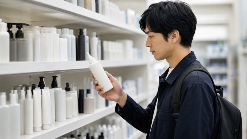 市販の育毛剤を店舗で購入する際のシーン。パッケージの成分表や効果を確認し、自分に合った1本を探す様子。