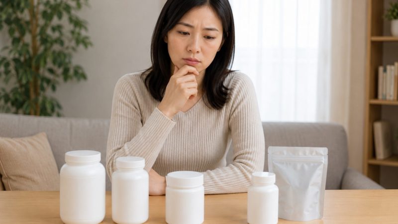 自分にぴったりの乳酸菌サプリがどれか分からず、製品を前に迷い悩んでいる様子の女性。