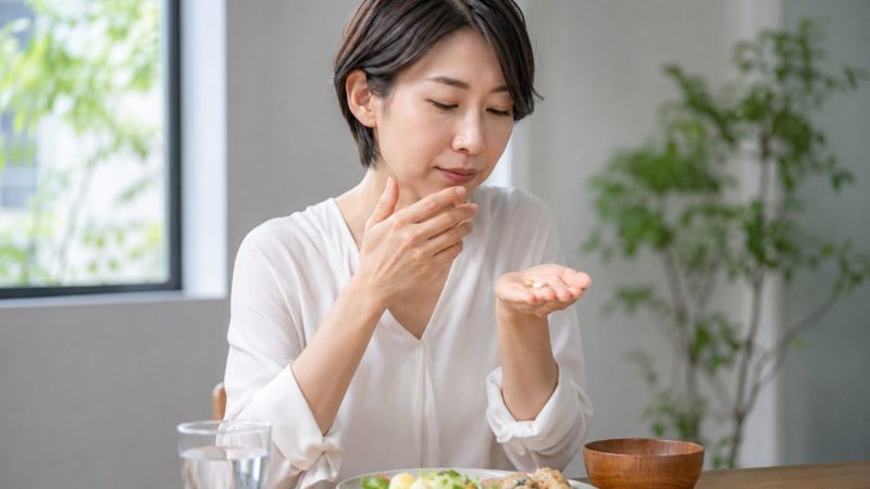 適切な摂取量を守り、毎日の食事のタイミングに合わせて乳酸菌サプリを飲む女性。