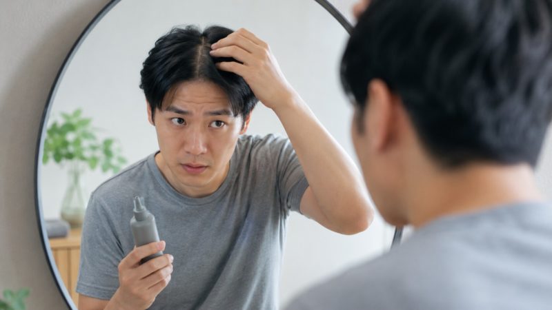 丸い鏡に映る自分を見つめ、右手で髪の分け目を確認しながら、左手にグレーの育毛剤ボトルを持つ男性。