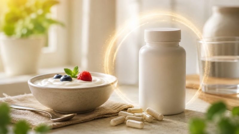 健康を維持するための免疫機能サポートをイメージし、乳酸菌サプリとヨーグルトを強調した描写。