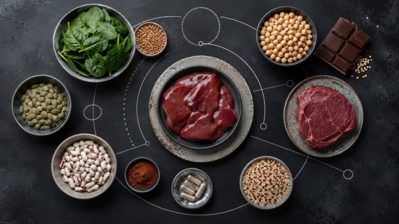 中央のレバーを囲むように、牛肉、大豆、ほうれん草、カカオなどが円状に配置された図。