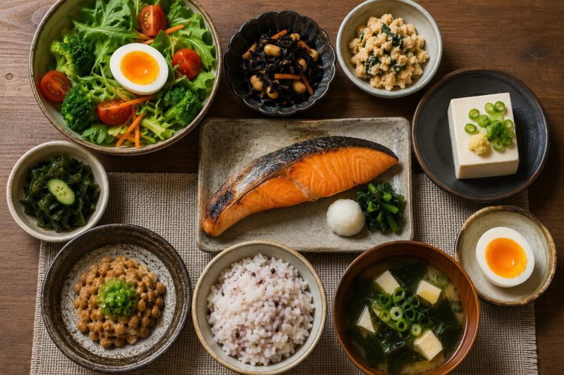 薄毛対策の基本となる栄養バランスの取れた食事。育毛サプリと併用して内側から髪を育てる食生活のイメージ。