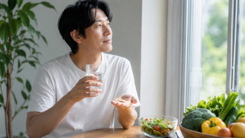 30代・40代から始める酵素サプリ習慣。健康維持のためにカプセルを手に持つ男性。