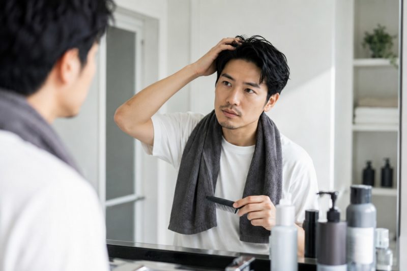 鏡の前で髪の状態をチェックし薄毛対策を検討する男性。育毛サプリでの内側からのケアと併せて行いたい習慣。
