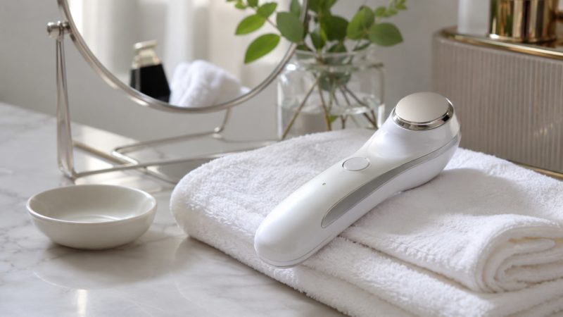 美顔器を使用する際の注意点。清潔なタオルに置かれた最新の美顔器。肌トラブルを防ぐための衛生管理や正しい保管方法を専門家が伝授。