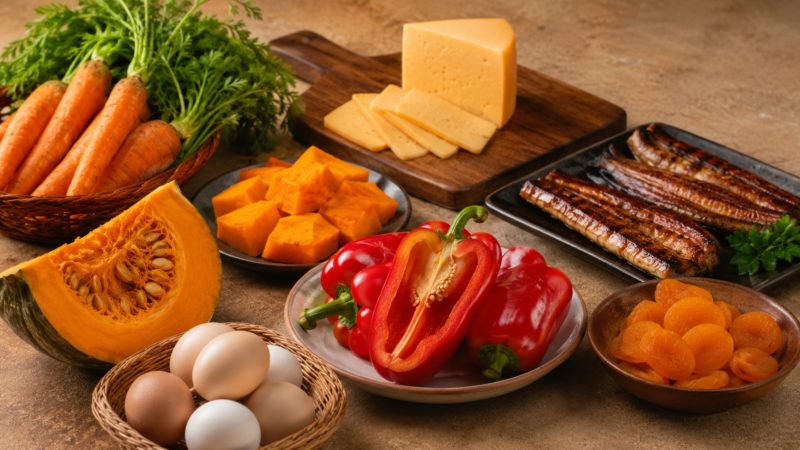 シミ悩みの原因に働きかけるビタミンAを多く含む食材。人参や卵、うなぎなどが並び、サプリメント選びと併せて知っておきたい、食事から肌を整えるための比較イメージ。