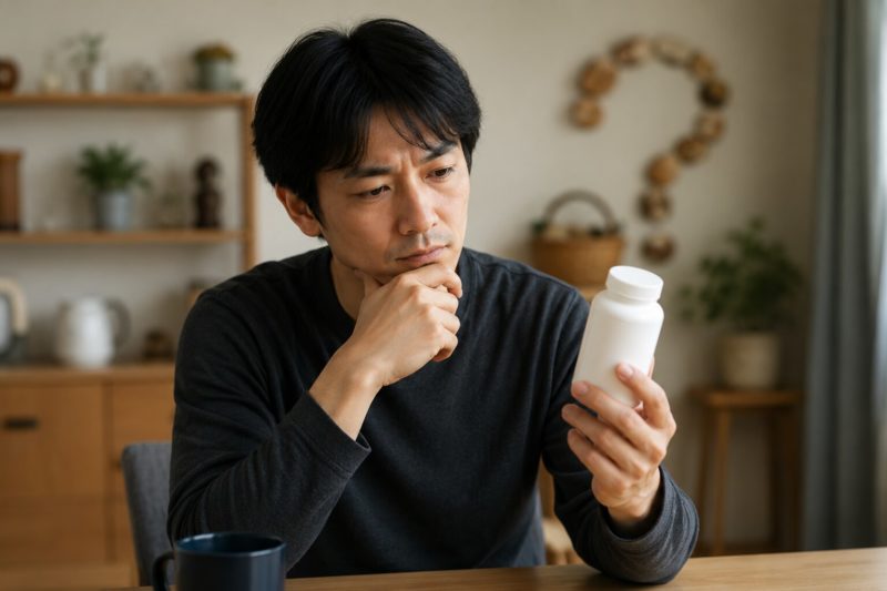 どの育毛サプリが自分に合うか悩む男性の様子。成分や選び方の疑問を解決して薄毛対策の正解を見つける。