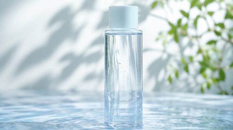 セラミド配合のしっとりした化粧水をイメージさせる、水の波紋が広がる清涼感のある背景に置かれた、シンプルで透明なスキンケアボトル。