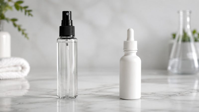 ミノキシジル成分の有無など、発毛剤と育毛剤の容器をイメージした2種類のヘアケア用ボトルの並び。