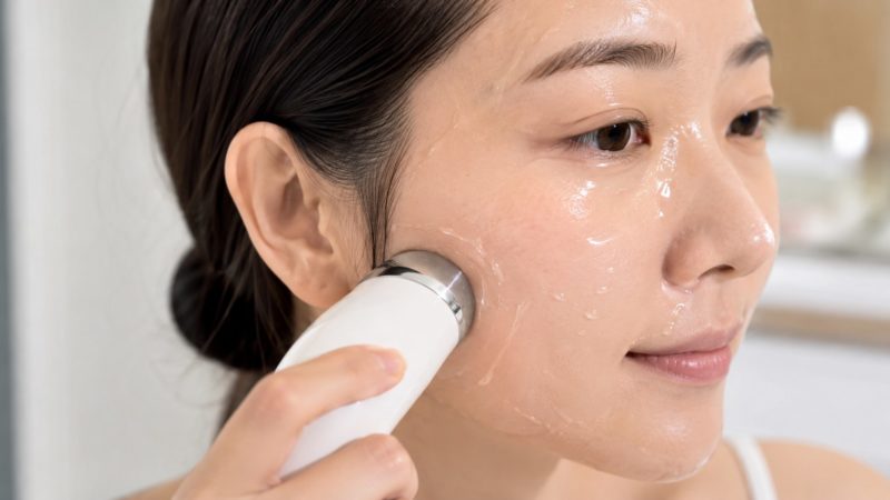 美顔器でのケア中に肌をこすりすぎないよう注意する様子。専用ジェルの潤いを利用して、たるみ改善に効果的な滑らかなストロークを行う手順。