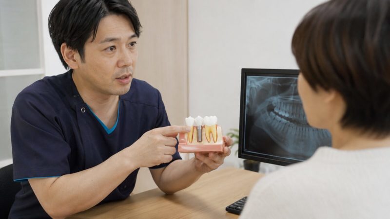 マウスピース矯正とインプラントの併用など、難しい症例の注意点を解説する歯科医師。