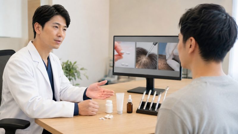 専門医によるAGA治療のカウンセリング。市販の育毛剤とクリニックでの専門的な治療の違いを相談するシーン。