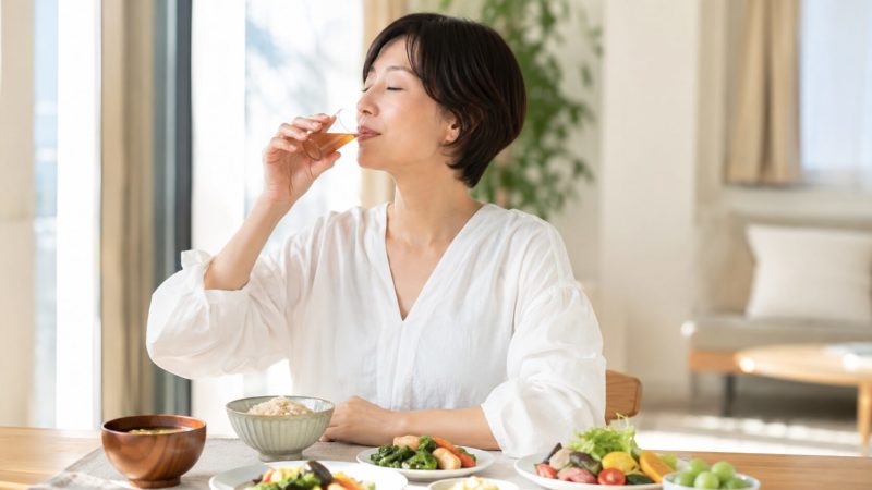 酵素ドリンクを食事と一緒に、または食前に取り入れる飲み方。日常の食事に馴染む酵素習慣。