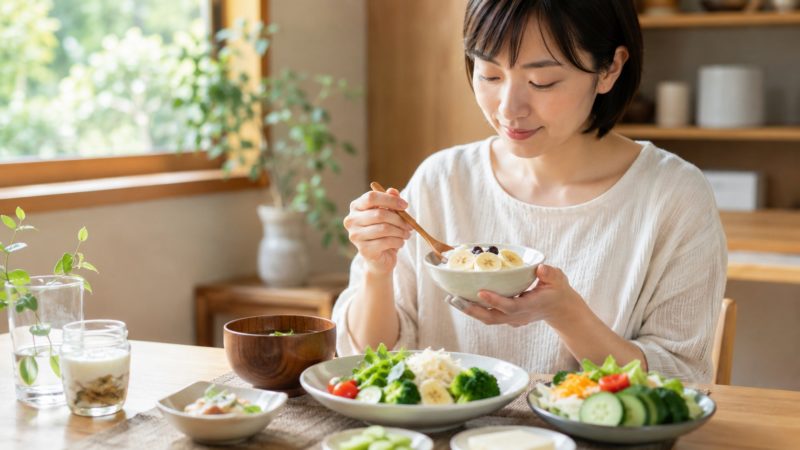鉄分サプリの効果をサポートする腸内環境のケア。ヨーグルトやビタミン豊富なフルーツを添えた、健康的な食卓の風景。