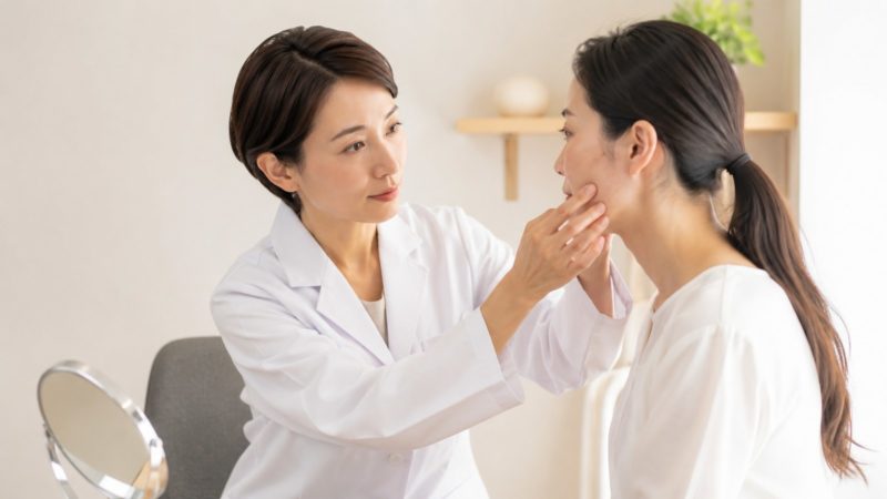 診察室にて、白衣を着た女性医師が患者の女性の頬に優しく手を添え、肌のコンディションを確認するシーン。