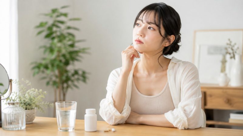 肌荒れを予防するための注意点を考える女性の姿。スキンケアだけでなく内側からのケアも意識する重要性。