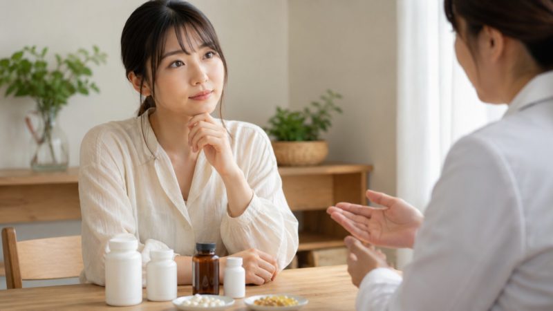 専門家にニキビ対策サプリの選び方を相談する女性。種類別の原因に合わせたおすすめのサプリ比較を検討する場面。