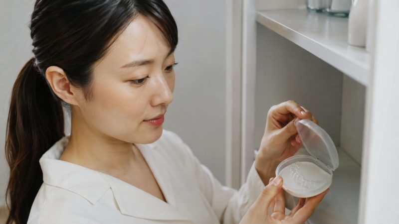 マウスピース矯正ブランドの透明なマウスピースを専用ケースから取り出す女性の様子。