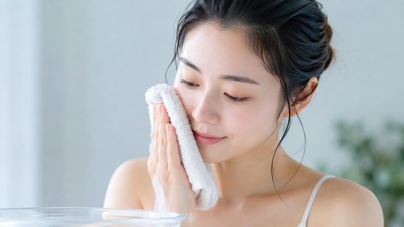 肌タイプ別のケアとサプリ選びの基本。白いふわふわのタオルで顔を拭き、自分の肌の状態を丁寧に確かめる女性。