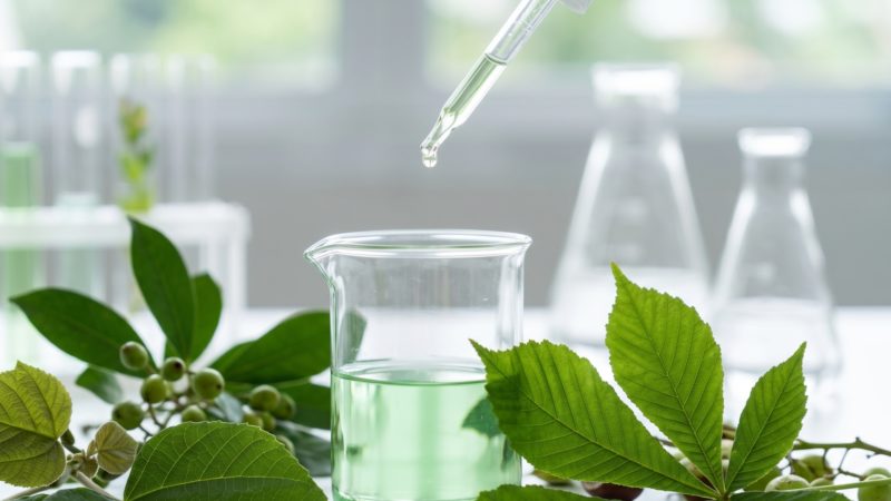女性用育毛剤に含まれる有効成分を抽出するイメージ。植物由来成分と科学的アプローチ。