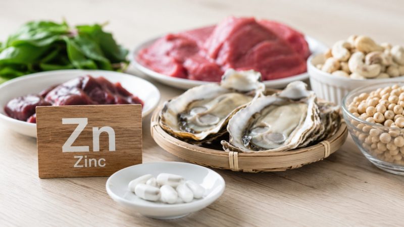 妊活サプリでも注目の栄養素、亜鉛を多く含む牡蠣や肉類などの食材と、手前に置かれた白い粒。