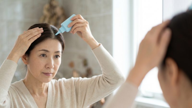 女性用育毛剤の正しい使い方。頭皮の気になる部分へ直接ノズルを当てて塗布する手順。