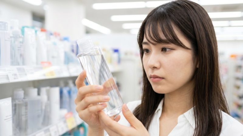 乾燥肌・肌荒れ対策のスキンケアアイテムを探し、ドラッグストアで化粧水を選ぶ女性。