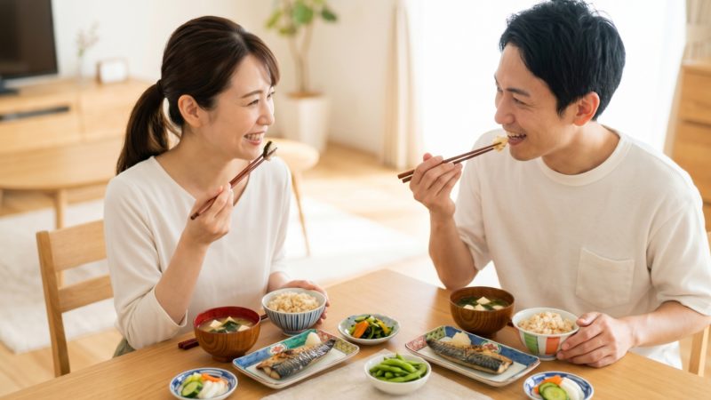 脂肪燃焼サプリと併用したい健康的な食生活。和食中心のメニューでダイエット習慣を実践するカップル。