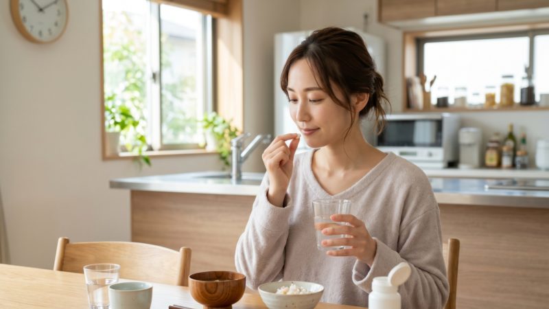 忙しい朝や授乳期でも続けやすいサプリメントでの栄養補給。コップ一杯の水で一錠を飲む様子。