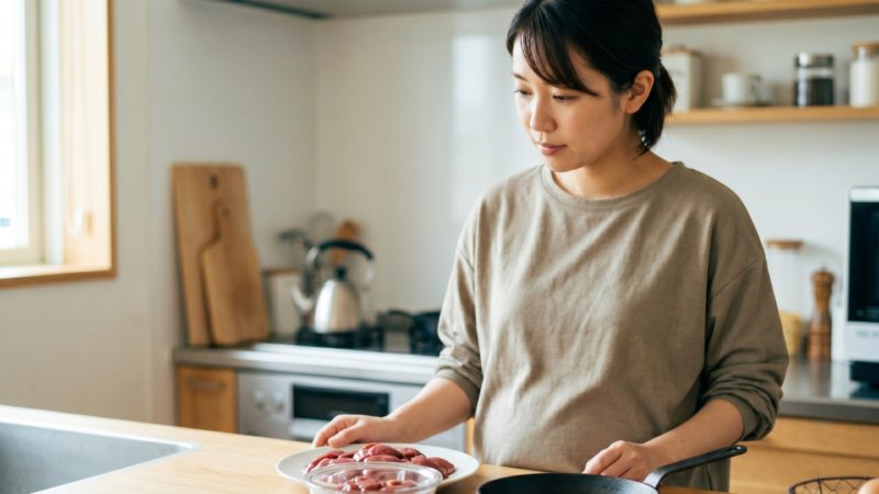 妊活・妊娠期の食事から葉酸を摂取。代表的な高葉酸食品であるレバーを自宅で調理する準備。