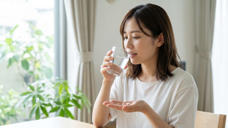 妊活中から習慣にしたい葉酸サプリの飲み方。コップ一杯の水と一緒に一粒のサプリメントを摂取する女性。
