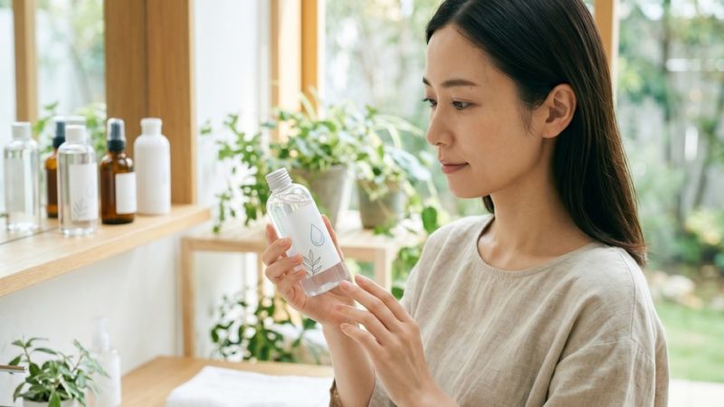 自然派スキンケア化粧品の透明なボトルを手に取り、自分に合った成分や選び方を確認する女性。