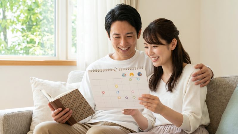 妊活のスケジュール管理を夫婦で共有。カレンダーに印をつけながら話し合う仲睦まじい二人。