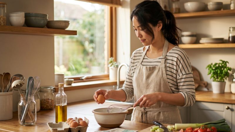 妊活中の食事で大切なタンパク質を摂取するため、キッチンで卵料理の下準備をする女性。