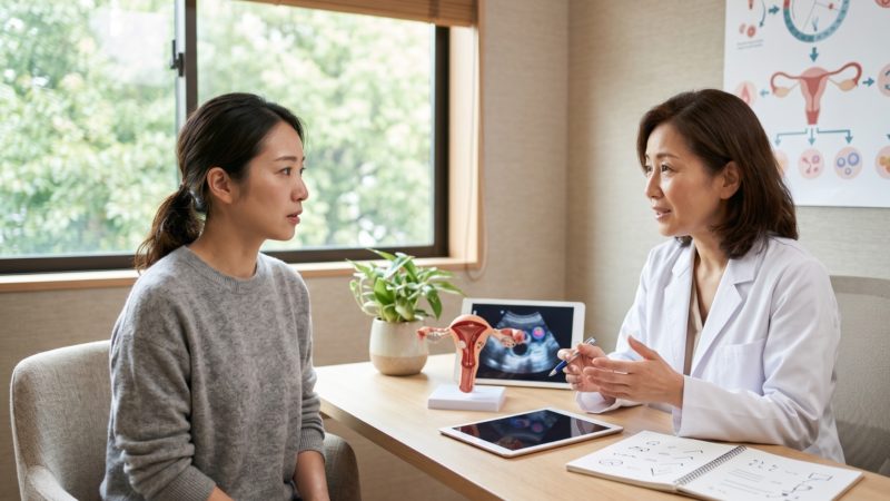 妊活サプリや生活習慣について、産婦人科の医師から専門的なアドバイスを受ける女性の相談風景。