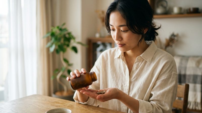自宅での妊活ルーティンとして、サプリメントのボトルから規定量を手のひらに出す女性。