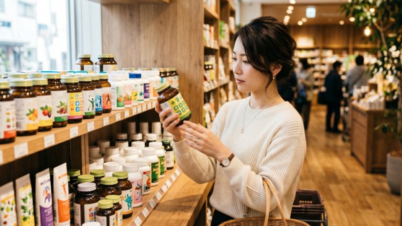 多くの種類があるサプリメント売り場で、成分や特徴をチェックしながら商品を選ぶ女性の姿。
