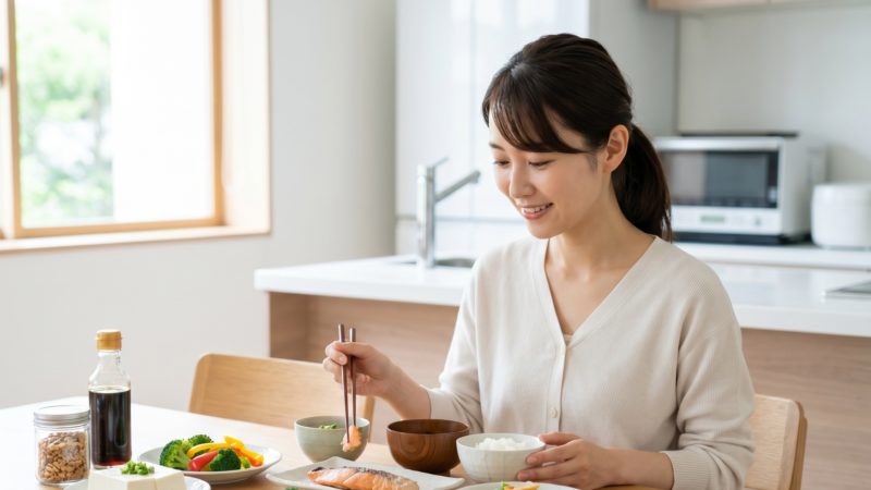 毛穴ケアを心がけるために栄養バランスの取れた食事を摂る女性