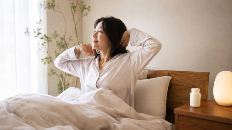 睡眠サプリで眠りの質を高めた翌朝、快適に目覚めてベッドの上で大きく伸びをする女性の様子