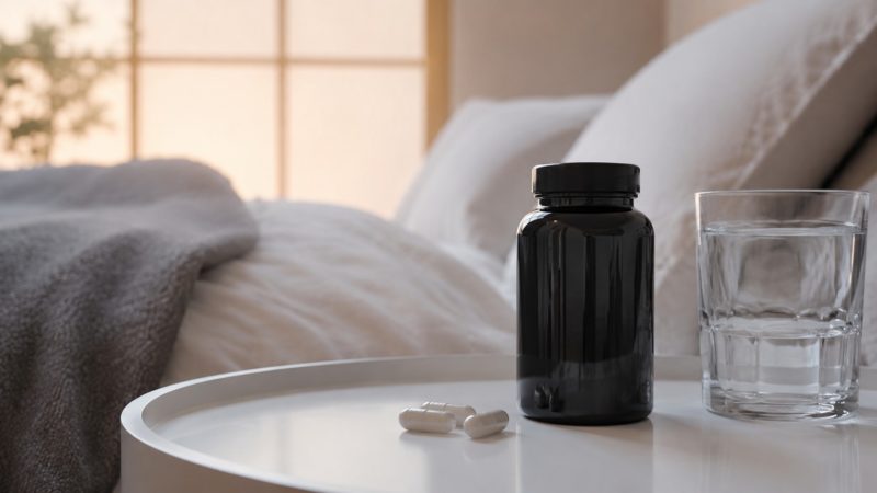 毎晩の習慣に。眠りの質をサポートする黒いボトル入りの睡眠サプリとカプセル、お水がベッドサイドに置かれている