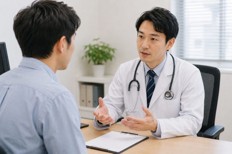 医師にサプリメントの併用について相談する様子。ノコギリヤシサプリを安全に摂取するために、薬を服用中の方は専門医への確認が推奨される。