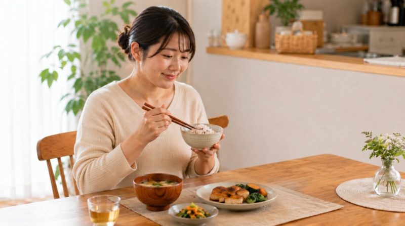 バランスが良い食事をしている女性