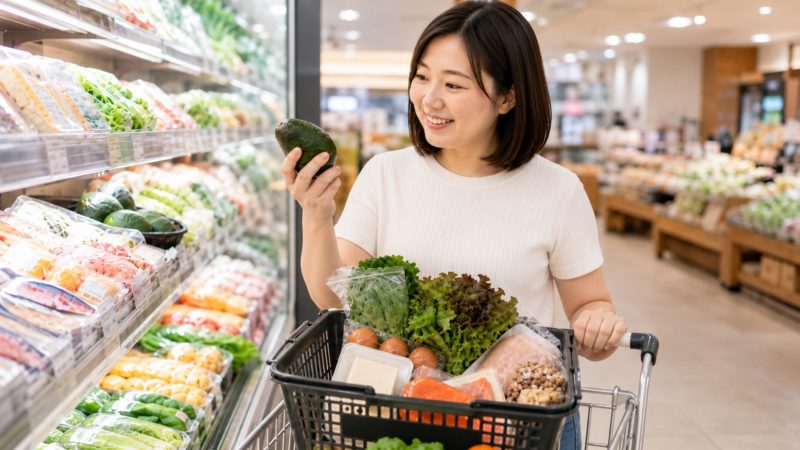 糖質が低い食品の買い物をしている女性