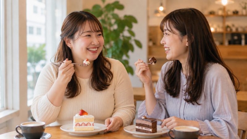 女性が楽しそうにケーキを友人と食べている様子。